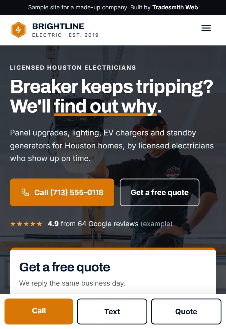 Sample electrician website on a phone