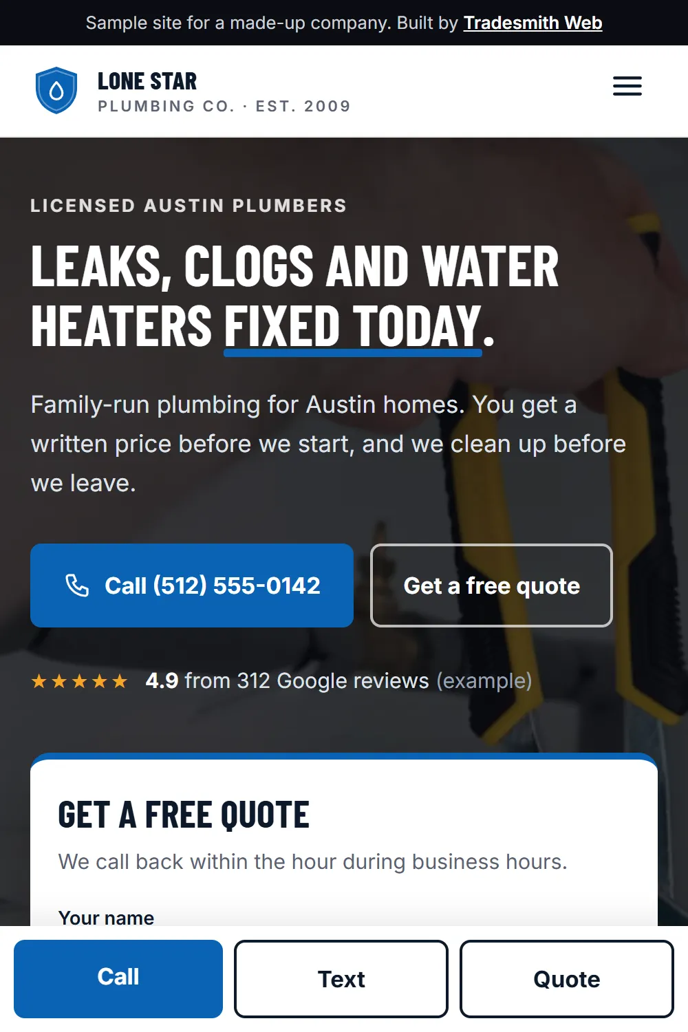 Sample plumbing website on a phone